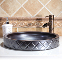 Fregadero de baño gris de estilo europeo, lavabo redondo de porcelana, cuencos de lavado de cerámica de mostrador único Vintage a la venta