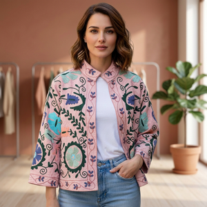 Chaqueta Safari para Mujer, Bordado Suzani, Invierno, Otoño, Larga, Transpirable, de Lona de Algodón, Cortavientos, con un Solo Botón - Product Image 3