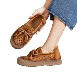 2025 été chaussures plates en cuir de vachette véritable avec semelle intérieure en peau de mouton douce rétro creux perforé à lacets simple respirant - Product Image 2