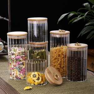 Pot scellé de nourriture à rayures verticales cylindriques de conservation fraîche avec couvercle en <span class=keywords><strong>bambou</strong></span> anneau de traction en métal couvercle plat pot de stockage en verre - Product Image 2