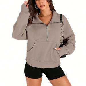 Pullover Embroidery Solid Color Plain Beige French Terry Hip Hop Loose Long Sleeve <b>Women</b> <b>Fleece</b> <b>Half</b> <b>Zip</b> Oversized Sweatshirt - Product Image 2