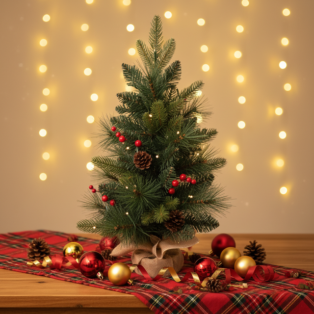 Table Mini Christmas Tree for Holiday Decoration 60CM Pre-lit Table Tree with Red Berries and Pincone