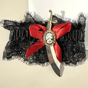 schwarze Spitzen-Jarretten Halloween Brautgarnitur Set für Damen Horror Braut maskerade Party Hochzeit Oberschenkel-Jarretten mit