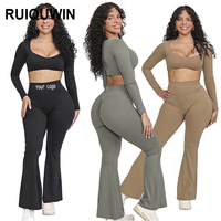 RUIQUWIN OEM Vêtements de sport pour femmes Ensemble 2 pièces Haut court à manches longues Vêtements de danse Fitness Vêtements de yoga unis Vêtements de sport actifs