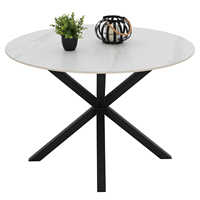 Table à manger ronde en bois rustique blanche avec pieds en métal, design contemporain pour la maison, l'hôtel, la villa