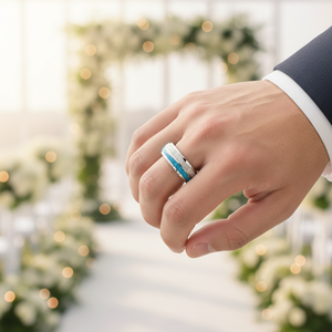 Anello Unisex Classico POYA 8MM in Carburo di Tungsteno con Intarsio di Turchese e Ami da Pesca, Regalo per Anniversario e Fidanzamento - Product Image 2