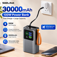 Batterie externe portable 30000mAh 100W à charge rapide avec câble rétractable pour ordinateur portable, smartphone, montre connectée OEM ODM