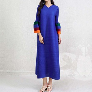 Vestido Maxi Plisado <span class=keywords><strong>para</strong></span> Mujer, Cuello en V, Manga Larga, Bloques <span class=keywords><strong>de</strong></span> Color, Puños Acampanados, Casual, Holgado, Abaya, Caftán, Dubai, Modesto, Talla Única - Product Image 5