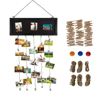 Graduate Hanging Photo Display Board Collage Picture Frames with Blackboard and 30 Clips Home Wall Decor Black