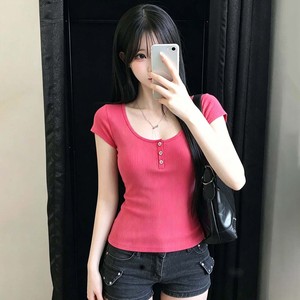 Camiseta Básica de Alta Elasticidad, Estilo Y2K, Ecológica, Corte Regular, para Mujer, Color Sólido, Verano, Casual, Elástica, Ajustada, Manga Corta - Product Image 2