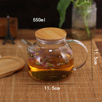 Carafe à eau/thé en verre borosilicate transparent de forme ronde de 34 oz (1000 ml) avec couvercle en bois, soufflée à la main, écologique