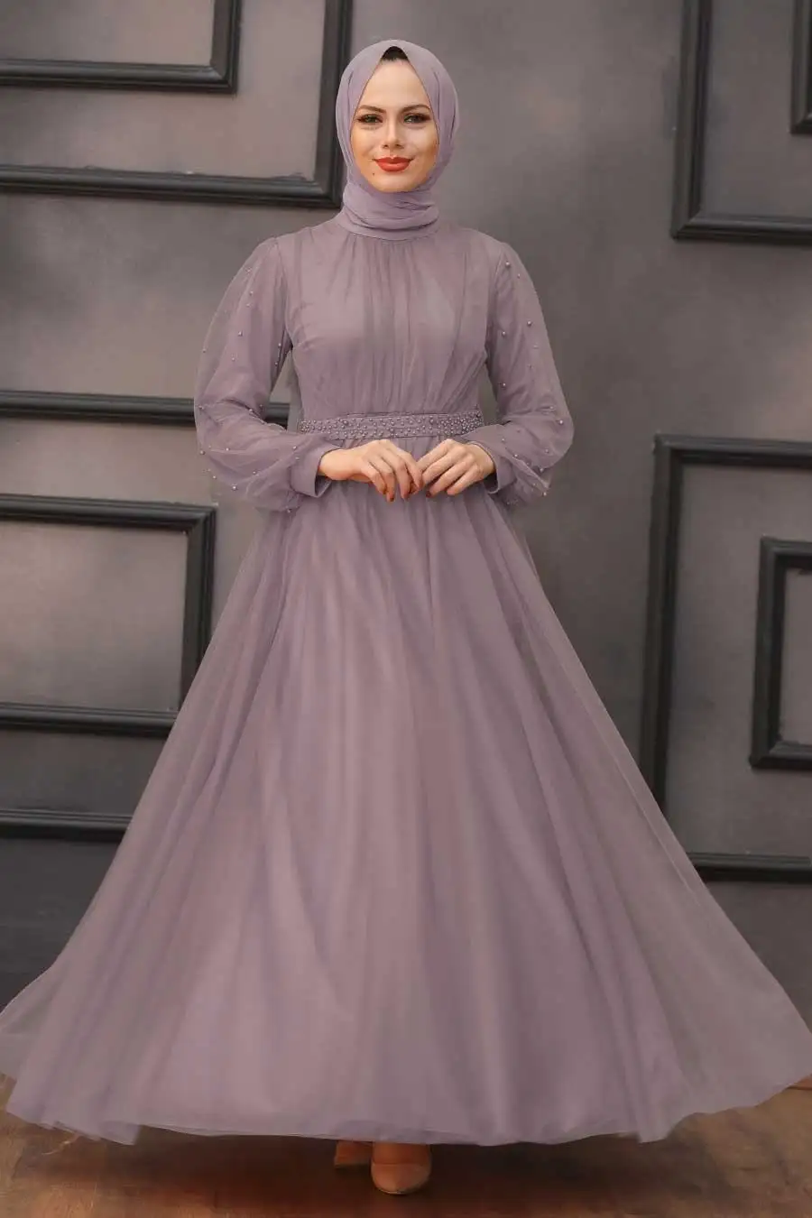 2023 Elegant High Waist Pearl Embellished With Plain Pigment Mesh Maxi Islamic Clothing Muslim Dress