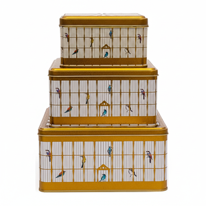 Juego de Cajas de Almacenamiento Metálicas Cuadradas Kontensan de 235 mm x 235 mm x 110 mm (Juego de 3) con Ilustración de Jaula de Pájaros Vintage y Pájaros Coloridos - Product Image 2