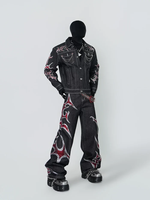 Veste en jean baggy pour homme avec imprimé flamme en strass, grande taille, effet usé, noire, style camionneur, streetwear gothique