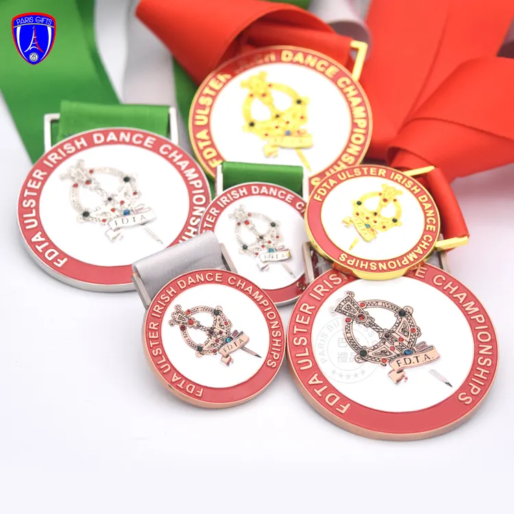 China suppliers 3d gold silver bronze plating medallion custom logo diamond insert dance medals ribbon lanyards for sport