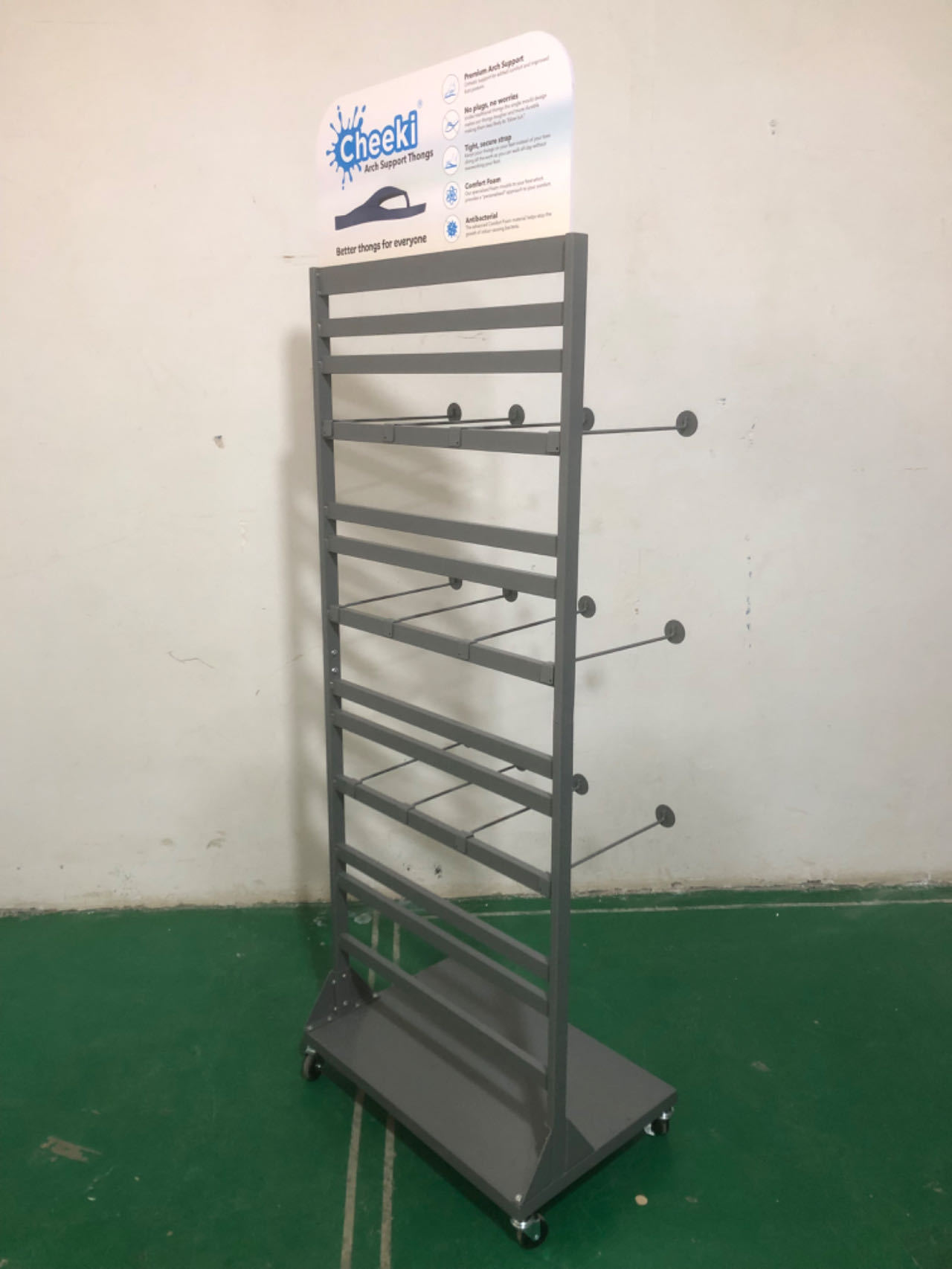 Single-sided Heavy Duty Strip Board Metal Floor Stand Display Rack Powder Coated Finish Adjustable Hooks Supermarket — view 3