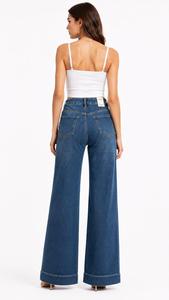 Jean en denim délavé foncé taille haute, coupe ample, jambe large, longueur intégrale, style décontracté, en tissu de coton respirant - Product Image 4
