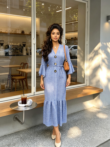 Abito Camicia Elegante <span class=keywords><strong>a</strong></span> Quadri con Bottoni e Colletto Aperto, Design Personalizzato, Gonna Casual da Donna <span class=keywords><strong>a</strong></span> Prezzo Conveniente - Product Image 2