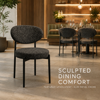 Chaise de restaurant en tweed avec dossier ovale sculpté, tissu Salt Pepper, structure en métal noir mat