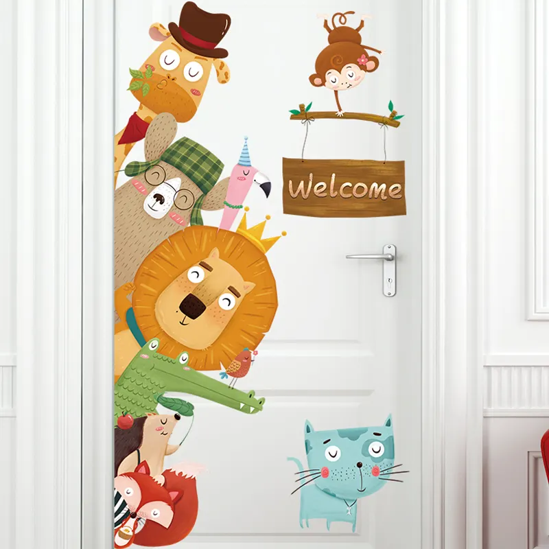 Cartoon Animal Door Sticker Giraffe Lion Cat Fox Wall Decal Kid Room Home Decoration For Kindergarten Classroom Wallpaper