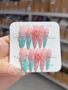 <span class=keywords><strong>Uñas</strong></span> postizas acrílicas hechas a mano con cobertura completa, forma de almendra, azul cielo y blanco, con mariposa 3D, lazo, diamantes de imitación y perlas, para <span class=keywords><strong>verano</strong></span>, venta al por mayor a granel - Product Image 5