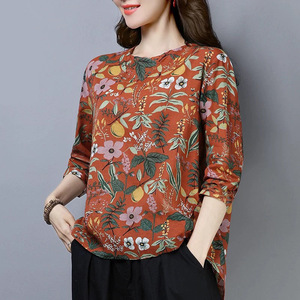 Floral Print Long Sleeve T-Shirt Women Plus Size Spring Autumn Base Layer Literary Artistic <b>Top</b> - Product Image 4