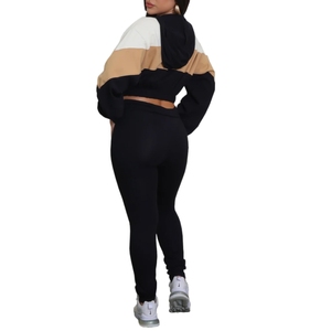 Comfortable Casual Sport With Hooded Colour Block Zipper <b>Top</b> Trousers Women's Two Piece Set Fashion - Product Image 2