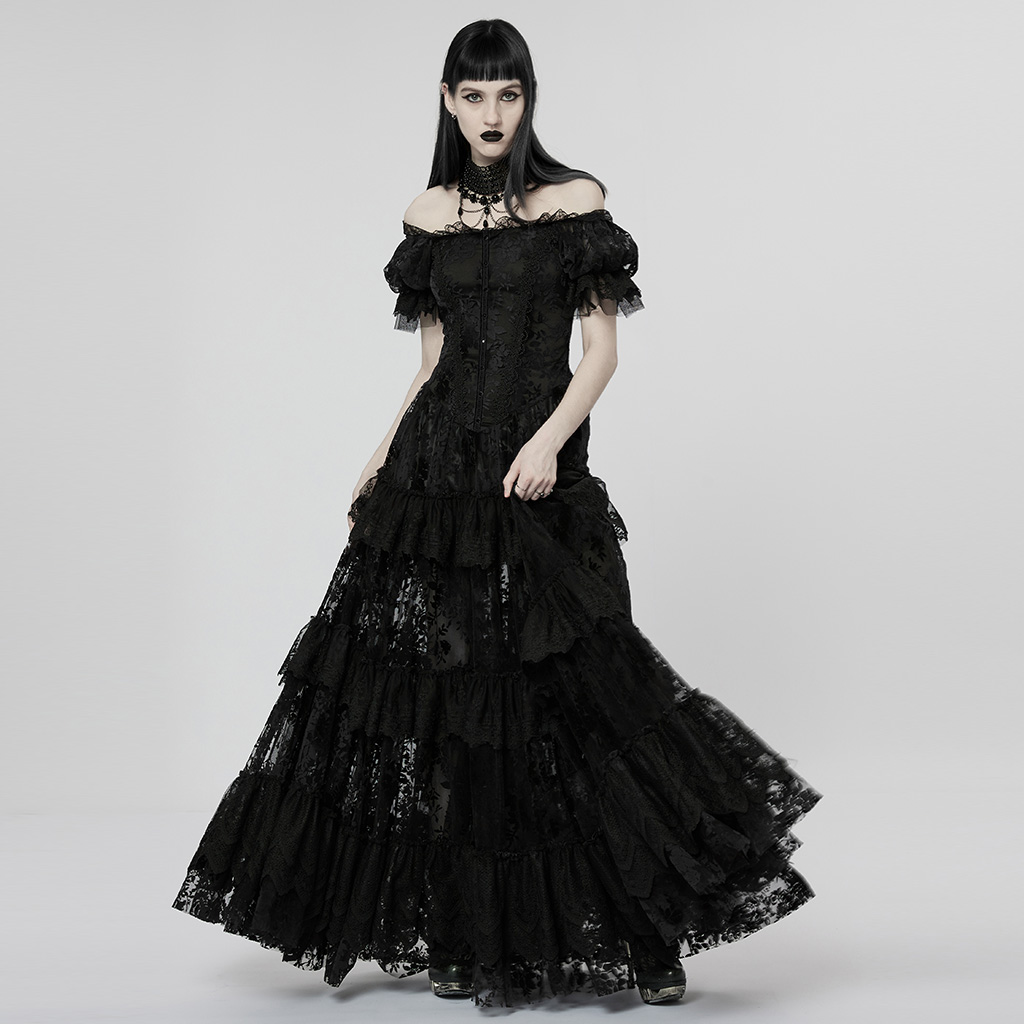 Punk Rave WQ-613LQF gothic elegant slim mysterious exquisite lace decorated rich layers flocking mesh goth gorgeous print dress