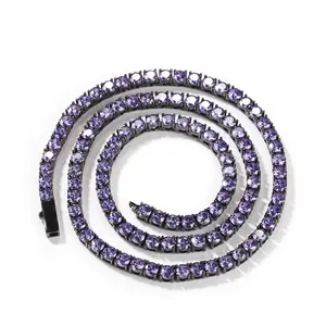 Iced out black purple tennis chain spring buckle paved 4mm cubic zirconia diamond bling tennis necklace for women men