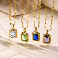 Collier chaîne simple personnalisé en acier inoxydable, style rétro géométrique de luxe léger, avec pendentif incrusté de zircon coloré exquis