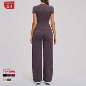 ชุดโยคะดิสโก้สปอร์ต เสื้อแขนสั้นคอกลมเอวสูง ผ้าสี่ทิศทางยืดได้ ตกแต่งด้วยตะเข็บตัดกัน ชุดออกกำลังกายสำหรับผู้หญิง - Product Image 5