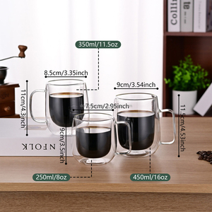 كوب قهوة زجاجي بجدار مزدوج ومقبض، مصنوع من زجاج البوروسيليكات الشفاف عالي الجودة وبتصميم عصري وسعات متعددة - Product Image 2