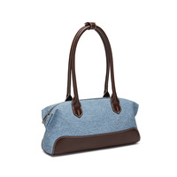 Sac à bandoulière Boston en jean vintage avec patchwork en cuir, grande capacité, décontracté, pour l'été, pour femme