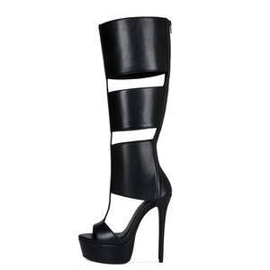 Summer Peep Toe Knee High Boots Women's Back Zipper Sandals Big Size 47 <b>Shoes</b> High Slim Heels Cut Out Long Booties - Product Image 5