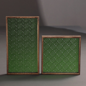 Plateau à thé en bois de style japonais avec insert en verre, plateau de service rectangulaire pour le rangement des tasses à thé, plateau à fruits - Product Image 3