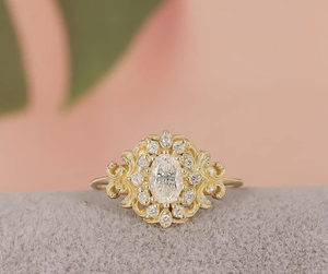 Vintage Art Deco Lab Diamond Anillo de compromiso Plata de Ley 925 con corte ovalado - Product Image 1