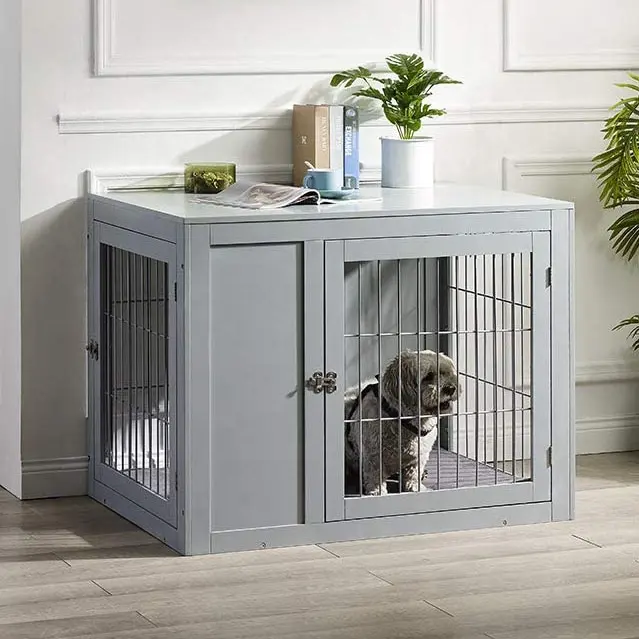 Dog Crate Furniture, Wooden Dog Crate End Side Table, Dog Kennels with 3 Doors Indoor, Decorative Style Mesh Pet Crate for Large