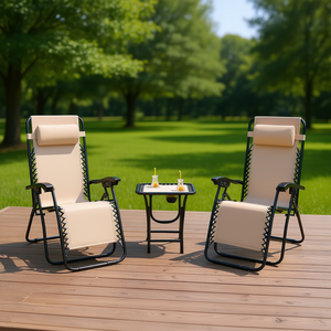 Conjunto de Sillones Reclinables Portátiles de Gravedad Cero con Mesa, Muebles de Patio Beige para 2 Personas - Product Image 2