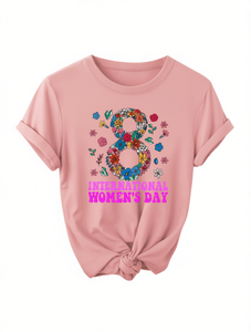 T-shirt elegante da donna girocollo a maniche corte con stampa floreale per la Giornata Internazionale della Donna, top primavera estate autunno vestibilità regolare - Product Image 1