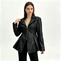 Veste en cuir PU tendance pour femmes avec fermeture éclair, col rabattu, vêtements d'extérieur pour le streetwear, tenue décontractée quotidienne