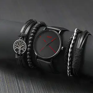 Men Watch with 5pcs Bracelets Set PU Leather Band Quartz Wristwatch Fashion Wristwatches