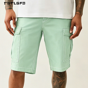 Pantalones Cortos Personalizados para Hombre, Corte Recto, Mezcla de Poliéster y Algodón, Verde Menta, Costuras en Contraste, para Verano, Casual - Product Image 1