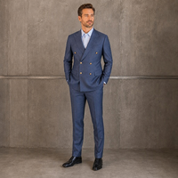 Jas Pria Biru Double Breasted Enam Kancing Emas Kerah Peak Lapel Slim Fit Blazer Pernikahan Pengantin Pria Jas Bisnis untuk Pria Custom MTM