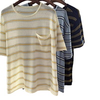 T-shirt décontracté pour homme à col rond, en triacétate doux et rafraîchissant, coupe décontractée, design rayé, poches, manches courtes, tricoté