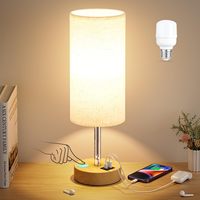 Lampe de chevet avec port de charge USB C à intensité variable, base en bois, ampoule LED incluse, abat-jour en tissu lin pour chambre à coucher