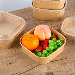 Takeaway Shallow Box Cardboard Soup Disposable Kraft Paper Salad Bowl With Plastic Lid