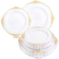 200 Assiettes jetables en plastique blanc doré vintage, 10 pouces pour le dîner et 7,25 pouces pour le dessert, assiettes rondes pour mariage, pour 100 invités