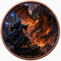Pièce de collection fantaisie en cuivre fin .999 de 1 oz, double face en relief, Dragon de Feu, Sorcier contre Dragon Noir