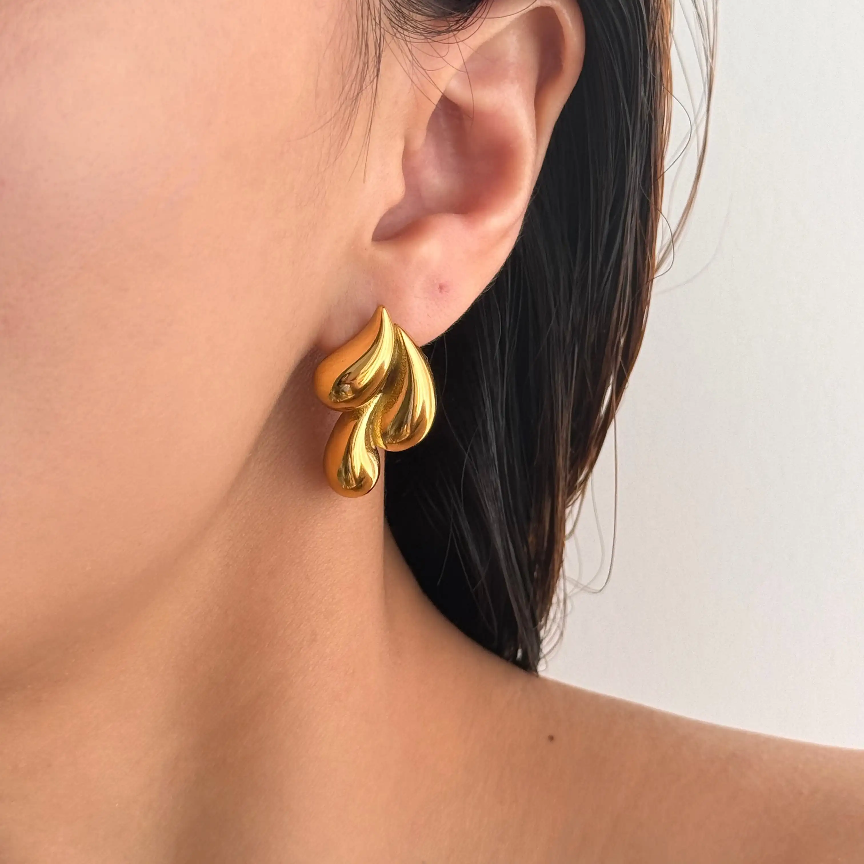 Fashion Minimalist 18K Gold Plated Multiple Water Drop Earrings Women Chunky Stainless Steel Bamboo Hoop Stud Earring Jewelry
