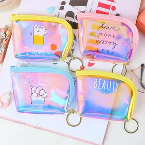 Wholesale promotional custom iridescent laser TPU material keychain zipper puller sewing mini changes coin purse small wallet